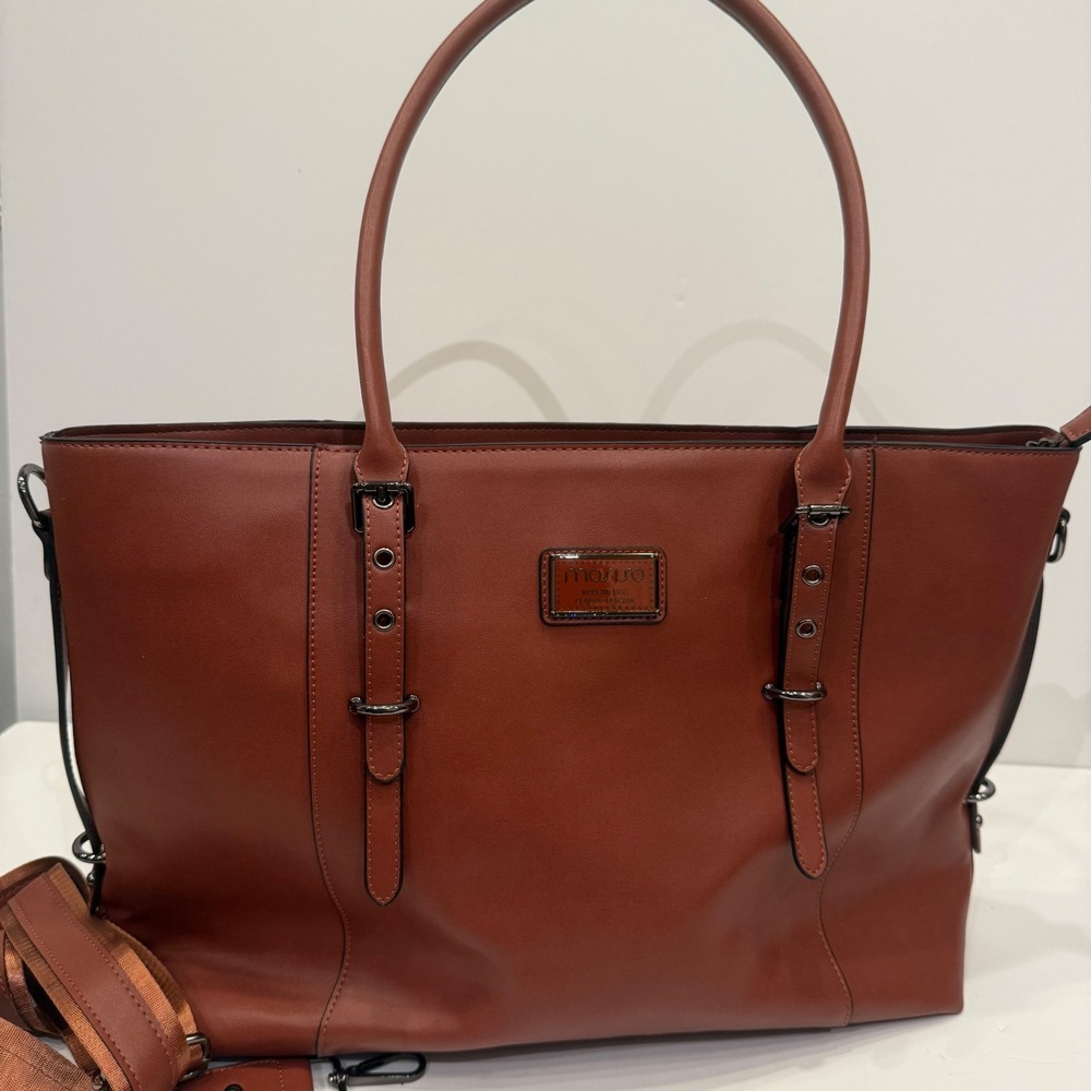 Mosiso Brown Vegan Leather Laptop Tote Bag Work Travel Briefcase Crossbody Strap - Picture 7 of 7